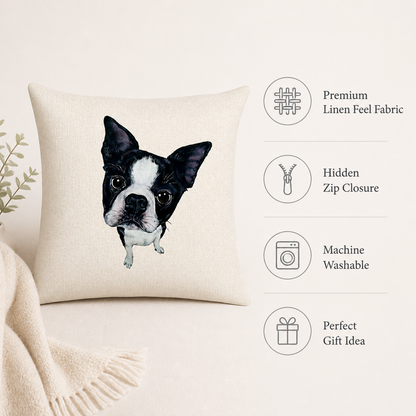 A square cushion cover with a printed black-and-white Boston Terrier face, shown on a light beige background with a folded cream throw and feature callouts on the right: premium linen feel fabric, hidden zip closure, machine washable, and perfect gift idea.