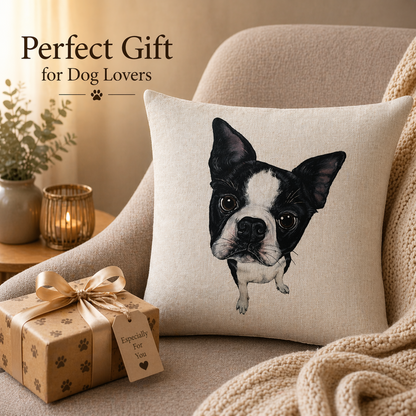 A square beige cushion cover featuring a printed Boston Terrier dog face, styled on a cosy beige armchair next to a wrapped gift box and a knitted blanket. Text in the upper left reads 'Perfect Gift for Dog Lovers'.