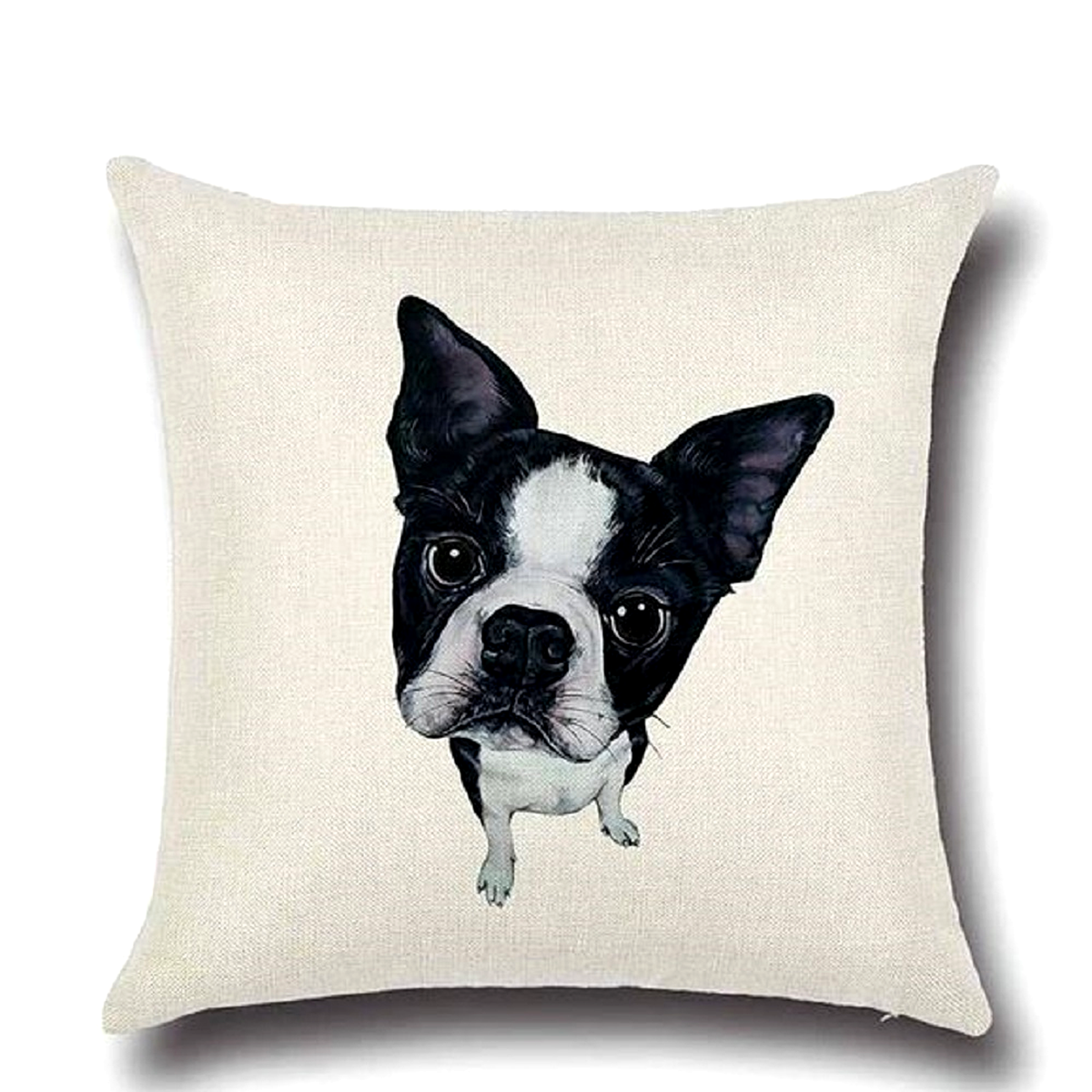 Cushion cover with a black and white dog illustration on a beige background