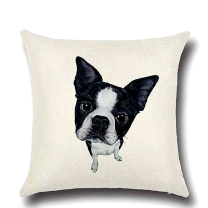 Cushion cover with a black and white dog illustration on a beige background