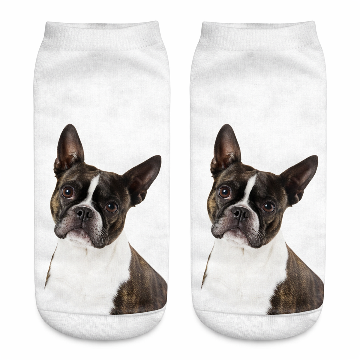 A pair of white ankle socks featuring a printed portrait of a Boston Terrier dog on the front, displayed against a plain white background.
