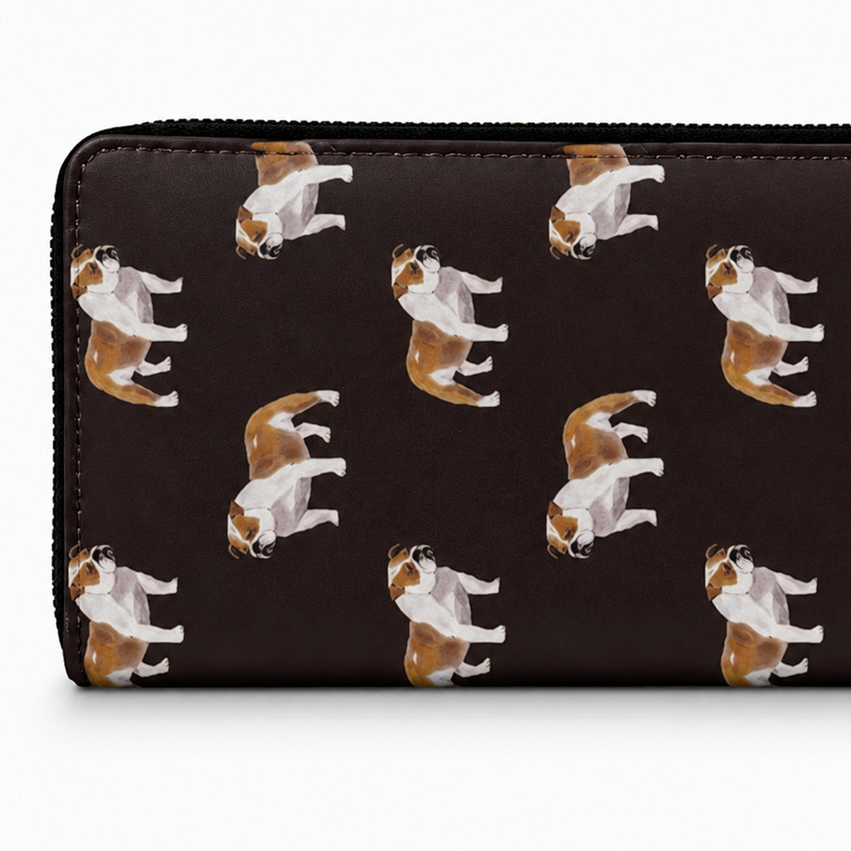 A dark brown zip-around wallet featuring a repeating pattern of watercolour-style British bulldogs in brown and white, shown against a plain white background.