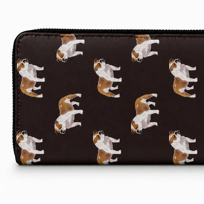 A dark brown zip-around wallet featuring a repeating pattern of watercolour-style British bulldogs in brown and white, shown against a plain white background.