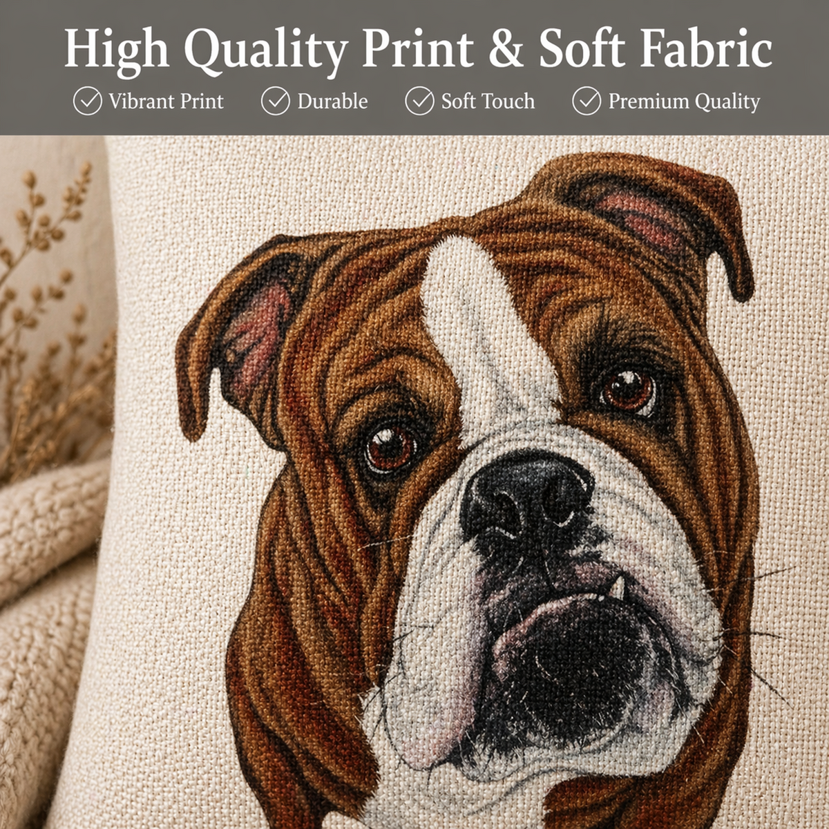 Close-up of a cushion cover featuring a British bulldog on a beige woven fabric. A dark grey banner at the top reads 'High Quality Print & Soft Fabric' with quality claim icons below.