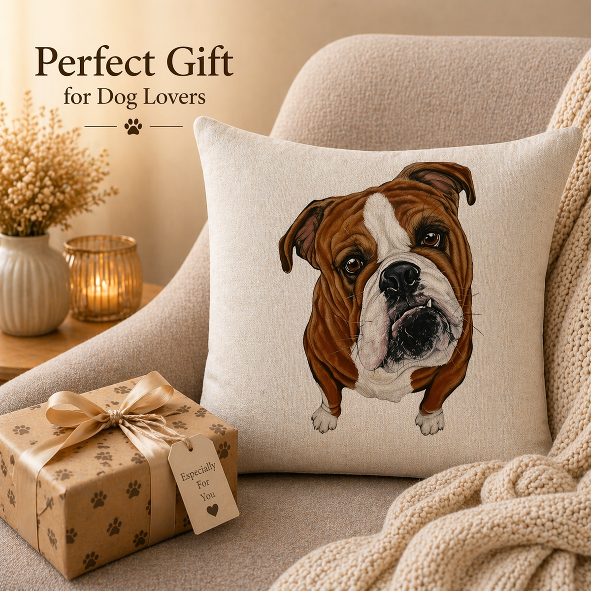 A square throw cushion cover with a detailed illustration of an British Bulldog on a beige linen background, styled on a cosy armchair next to a wrapped gift box with paw print accents and a knitted blanket. Text overlay reads 'Perfect Gift for Dog Lovers'.