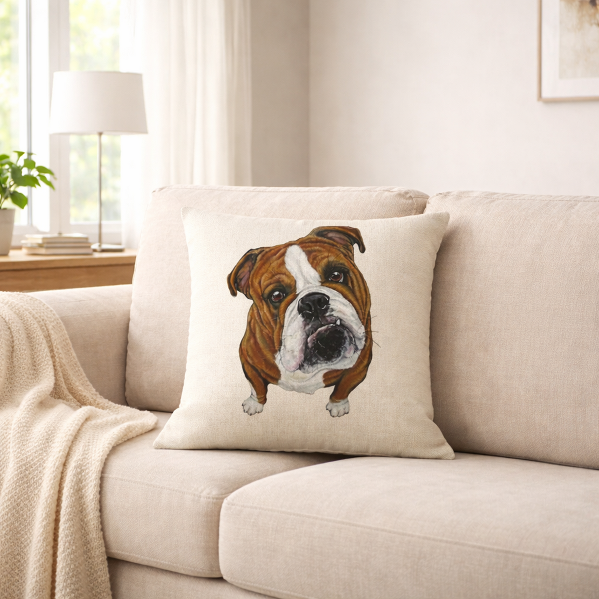 A square beige cushion cover featuring a brown and white british bulldog, resting on a light beige sofa in a bright, modern living room.