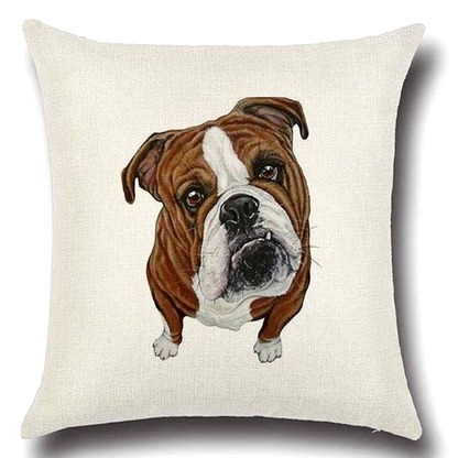 Decorative cushion cover with a british bulldog illustration on a plain background