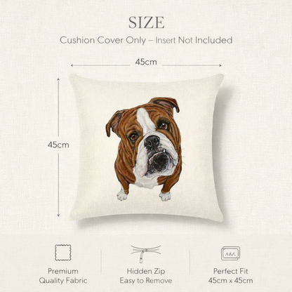 Size diagram for a cushion cover showing a square off-white pillow with a printed british bulldog illustration, labelled 45cm by 45cm, with text noting the cushion cover only and dimensions.