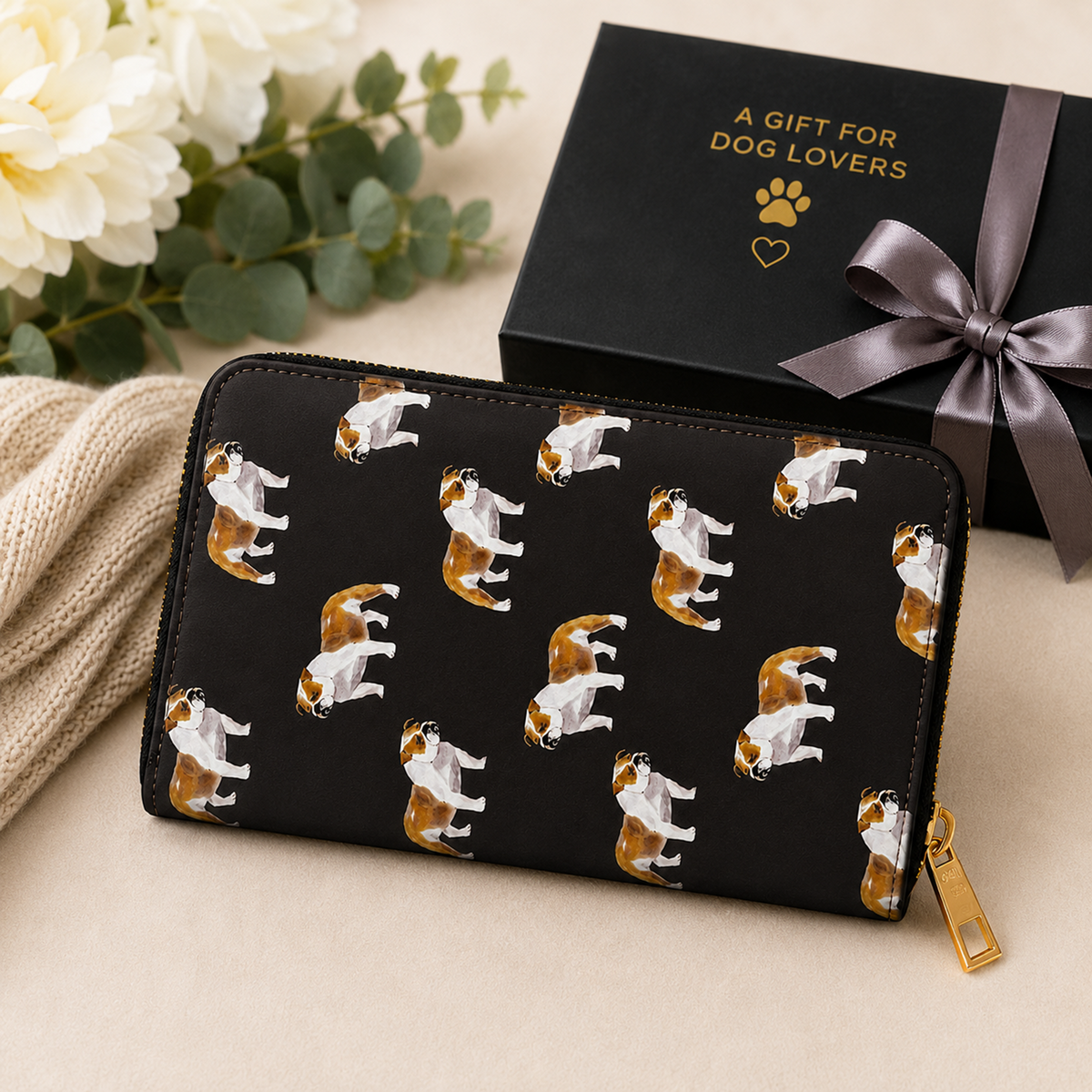A black zip-around wallet with a repeating print of British bulldog dogs in white, brown, and tan, styled on a beige surface next to a black gift box with gold lettering and a grey ribbon.