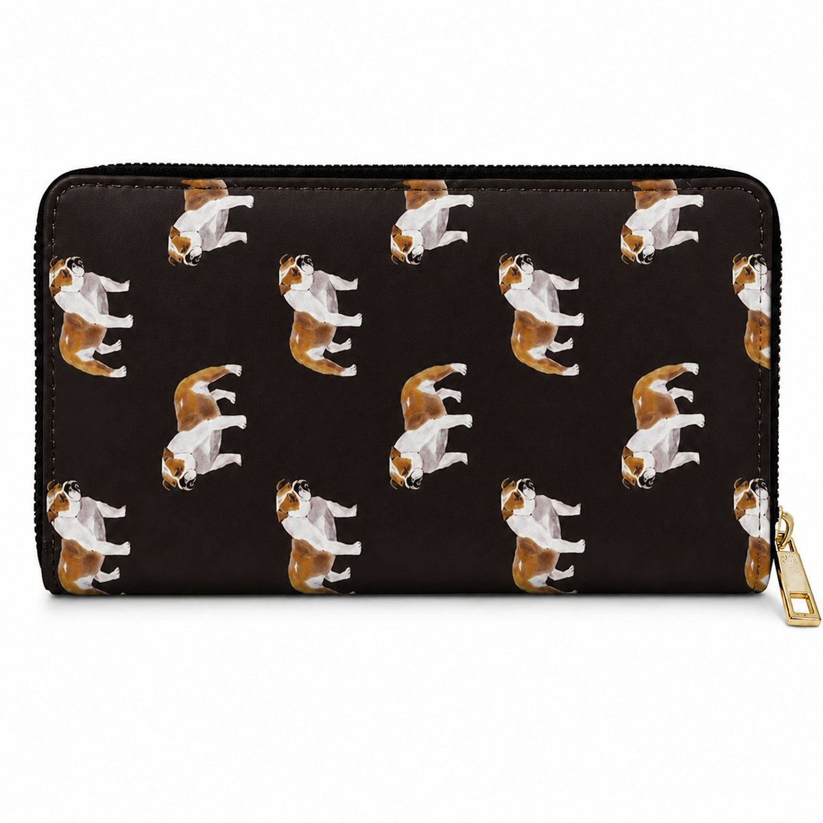 A black zip-around wallet with a repeating pattern of British bulldogs in various playful poses, finished with a gold-tone zipper pull.