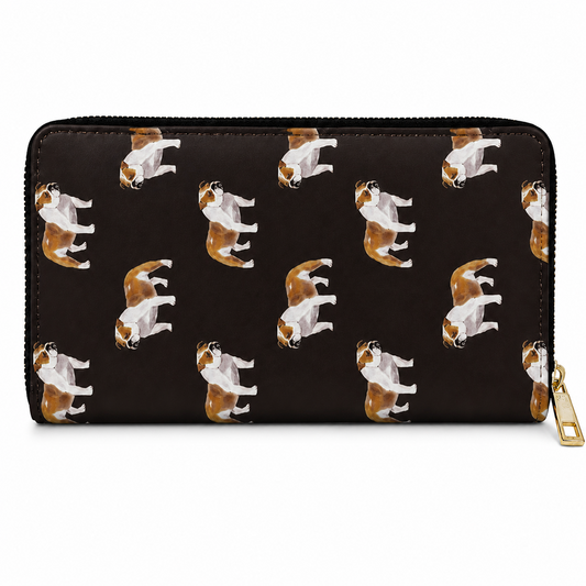 A black zip-around wallet with a repeating pattern of British bulldogs in various playful poses, finished with a gold-tone zipper pull.