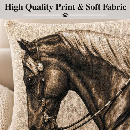 A square decorative cushion cover featuring a detailed sepia-toned print of a brown horse wearing a bridle, set against a textured beige fabric background. A banner at the top reads 'High Quality Print & Soft Fabric' with a small paw print icon.