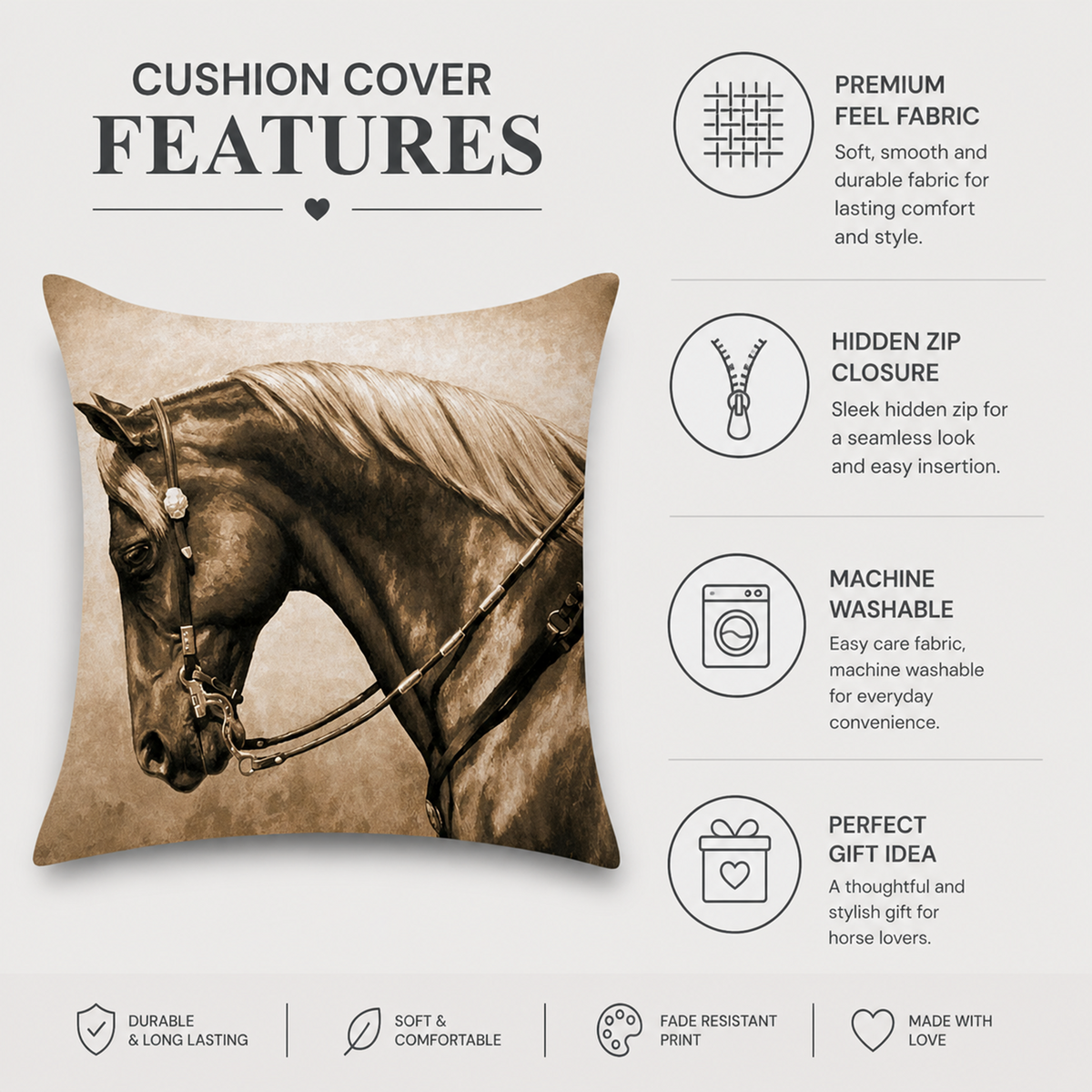 A square cushion cover featuring a sepia-toned horse portrait, shown on a light gray marketing graphic with feature callouts for premium feel fabric, hidden zip closure, machine washability, and gift-ready presentation.