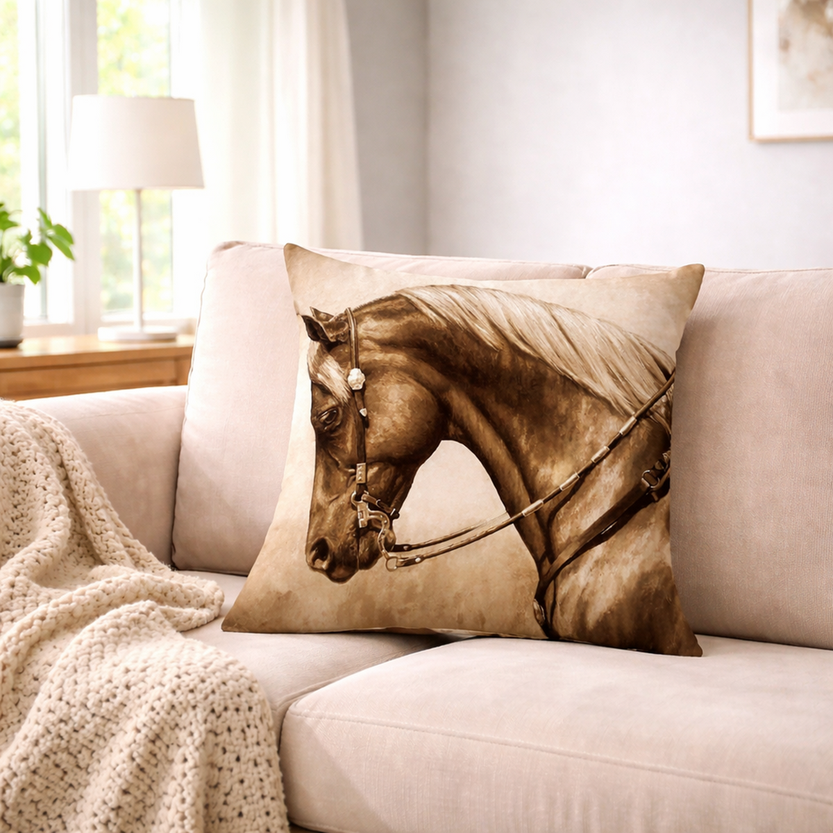 A square cushion cover featuring a sepia-toned photograph of a brown horse's head, resting on a light beige sofa in a softly lit living room.