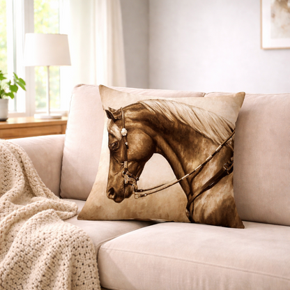 A square cushion cover featuring a sepia-toned photograph of a brown horse's head, resting on a light beige sofa in a softly lit living room.