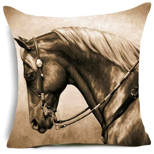 Decorative cushion cover with a brown horse design on a beige background