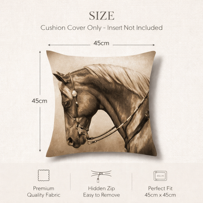 Size diagram for a square cushion cover showing a horse head print, with dimensions labeled as 45cm by 45cm on a light beige background. Text at the top reads 'SIZE Cushion Cover Only - Insert Not Included' and icons at the bottom mention premium quality fabric, hidden zip, and perfect fit.