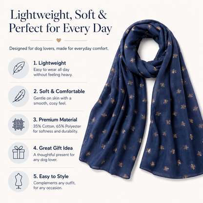 A navy blue bumblebee scarf with small gold embroidered bee motifs, displayed on a cream background with promotional text and feature icons.