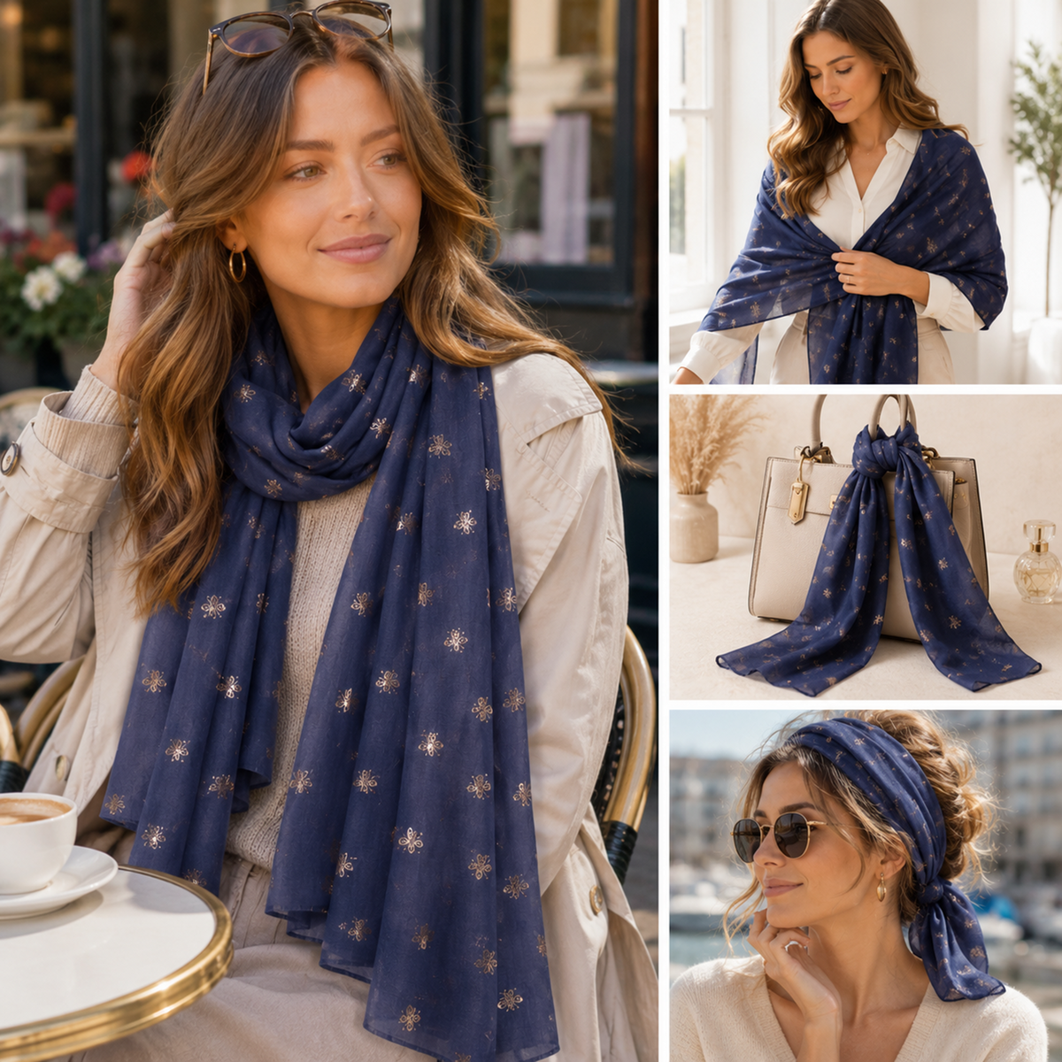 A denim blue lightweight scarf with rose gold bumblebee motifs, shown in a lifestyle collage. The left panel shows a woman wearing the scarf draped around her neck in an outdoor cafe setting.