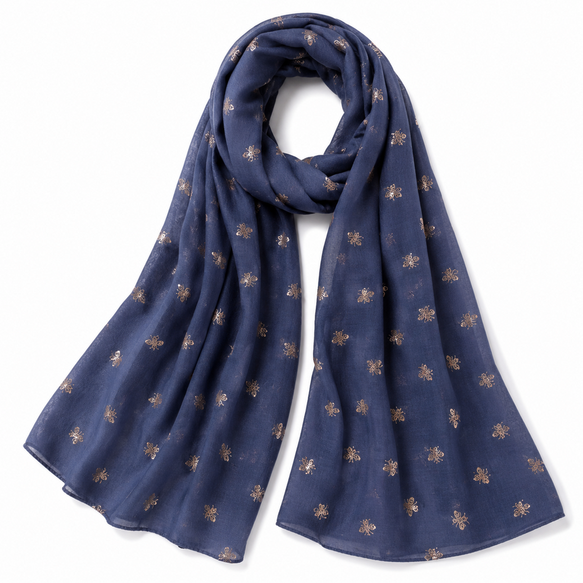 Denim blue scarf with small rose gold bee patterns on a denim background