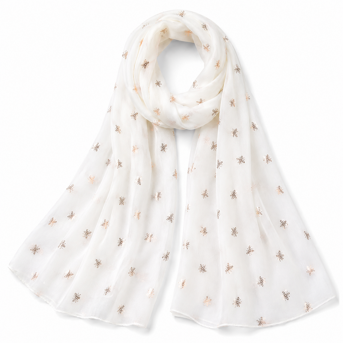 A lightweight white scarf with a delicate pattern of small metallic gold bumblebees, draped elegantly on a clean white background.