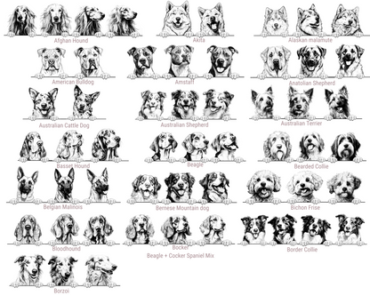 A black and white graphic sheet featuring multiple dog breeds arranged in rows, each with a small illustration of the dog and its name printed below. The sheet includes breeds such as Alaskan Malamute, Australian Cattle Dog, Beagle, Bulldog, Collie, and Beagle + Cocker Spaniel Mix.