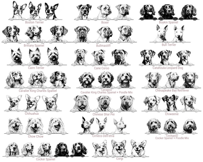 A black-and-white grid showing many different dog breeds, each with a small labeled portrait and name beneath it, on a plain white background.