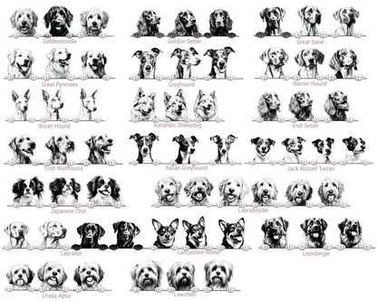 Grid of black and white dog illustrations with breeds labeled