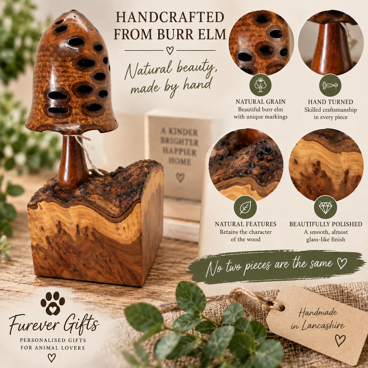 A handcrafted wooden keepsake box with a carved wooden lid, displayed on a rustic wooden surface with green leaves. The image includes text overlays highlighting the natural grain, hand-turned craftsmanship, and beautiful polish of the burr elm wood, along with the brand 'Furever Gifts'.