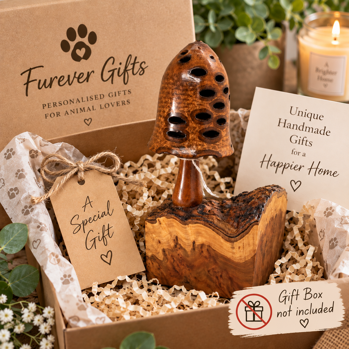 A wooden burr elm toadstool gift set in a brown cardboard box with shredded paper filler. 