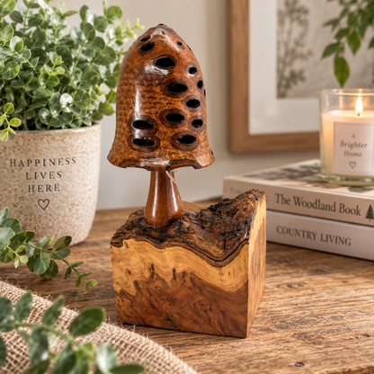 A decorative mushroom-shaped wooden object with a perforated cap and a carved block base sits on a rustic wooden table. The scene includes a potted plant, books, a lit candle, and greenery in a styled indoor setting.