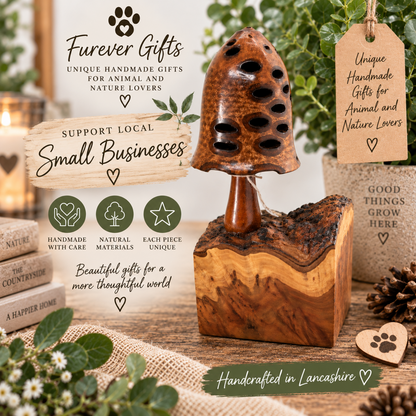 A handcrafted wooden mushroom-shaped diffuser or decorative object with multiple circular cutouts on the cap, mounted on a rustic live-edge wooden base. The product is styled on a wooden tabletop with books, greenery, a pinecone, and hanging tags from Furever Gifts, with promotional text overlays around it.