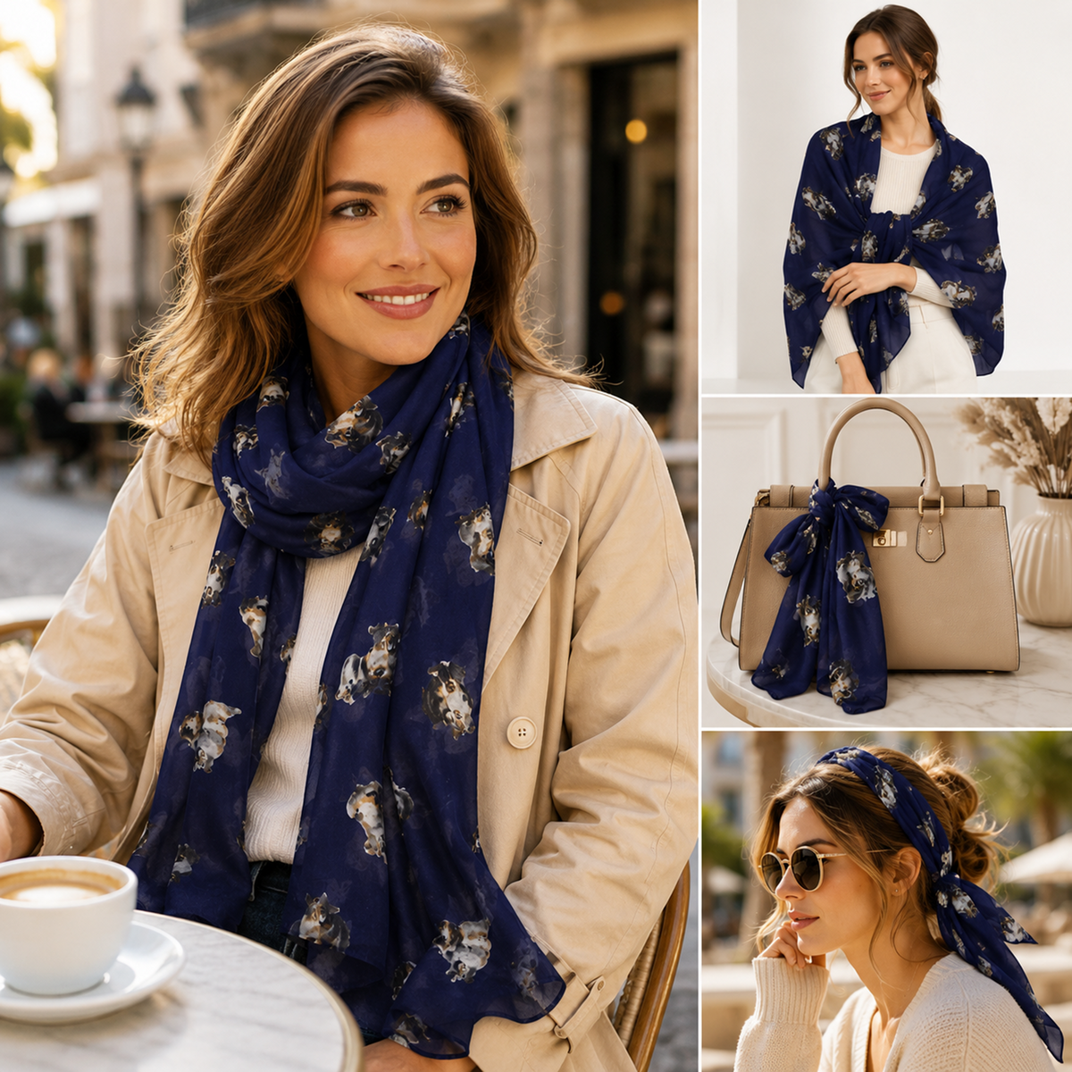 A navy blue lightweight scarf with a beige and white cat print, shown in a lifestyle collage. The main panel shows a woman in a beige trench coat wearing the scarf draped around her neck.