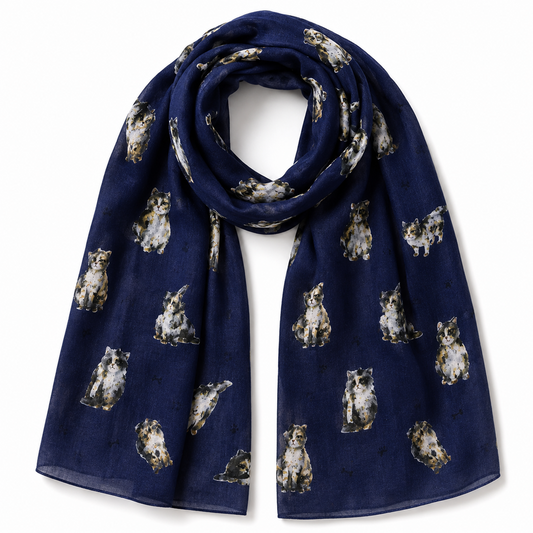 Navy blue scarf with cat pattern on a white background
