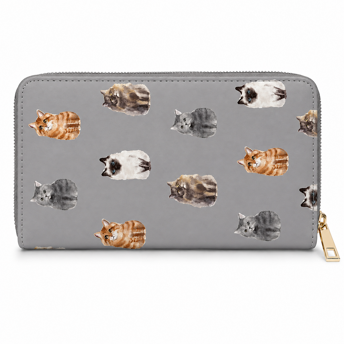 A grey zip-around wallet with a repeating pattern of illustrated cats in various colours, shown on a plain white background with a gold zipper pull.