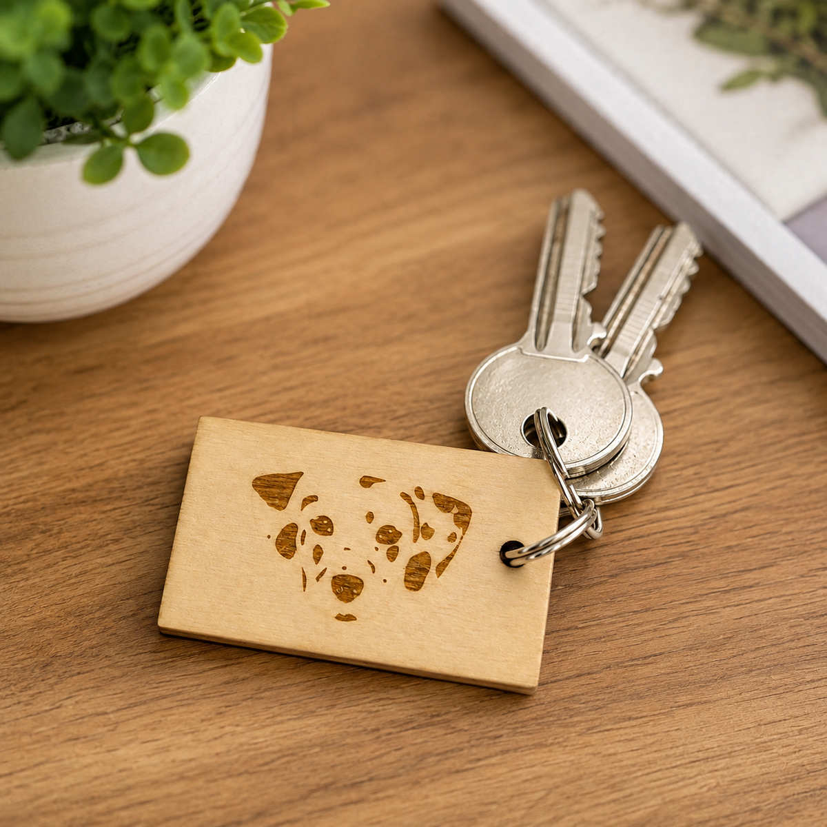 A rectangular wooden keychain engraved with a Dalmatian dog face, attached to silver keys on a wooden tabletop with a small potted plant in the background.
