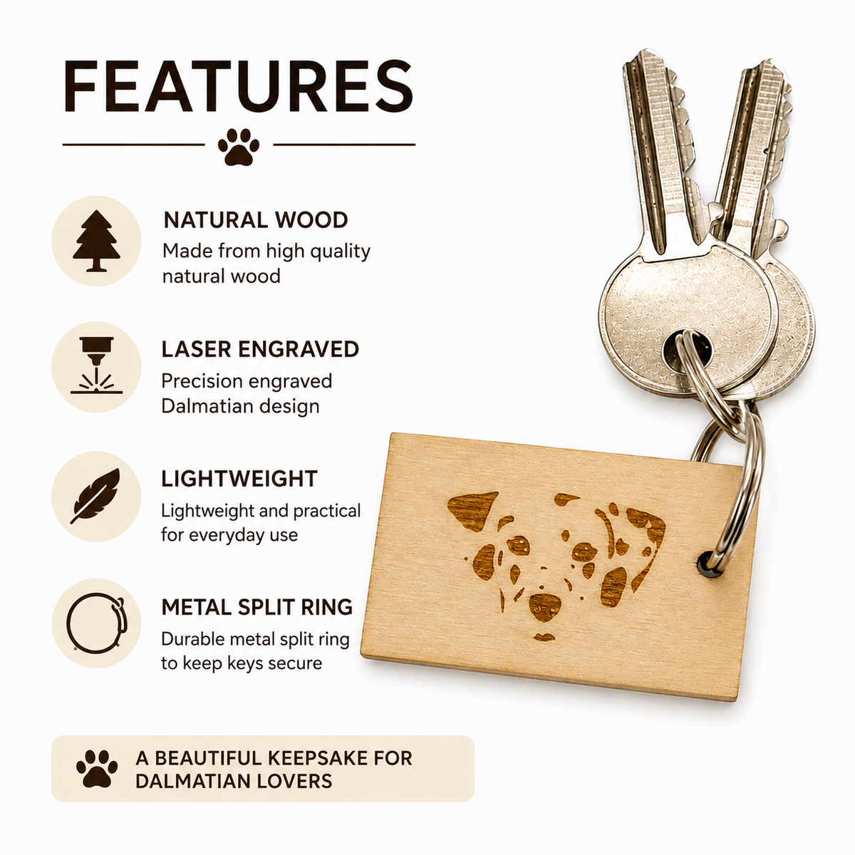 A wooden keychain with engraved Dalmatian face artwork and attached metal split ring and keys, shown on a white background with feature callouts and text describing natural wood, laser engraving, lightweight design, and metal split ring.