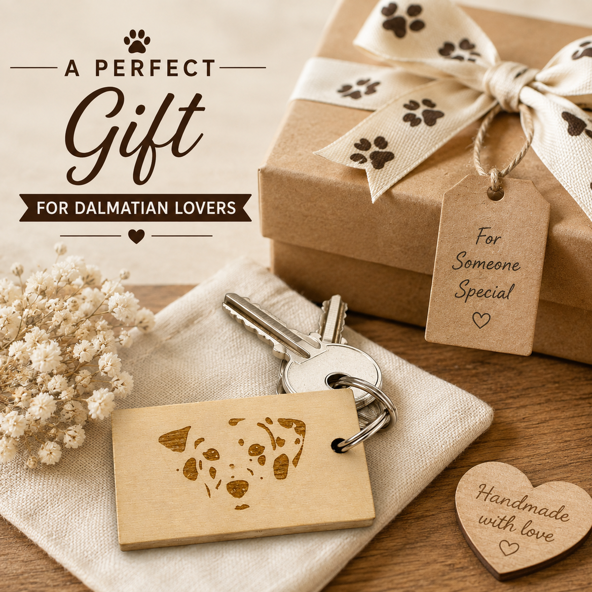 A gift set for Dalmatian lovers featuring a personalised wooden keychain engraved with a Dalmatian face, displayed alongside a brown kraft gift box with a paw-print ribbon, a small wooden heart tag, and decorative dried flowers on a wooden surface.