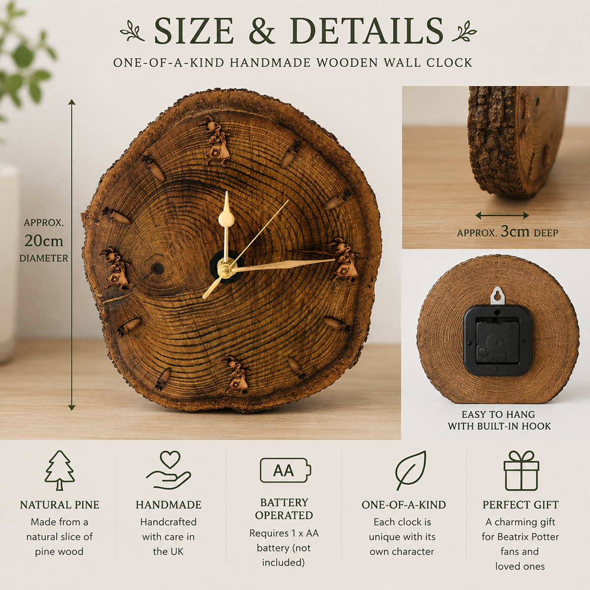 Handmade Beatrix Potter Wooden Log Clock – Peter Rabbit Nursery Wall Clock