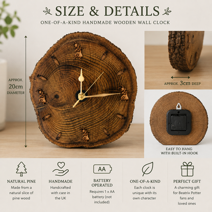 Handmade Beatrix Potter Wooden Log Clock – Peter Rabbit Nursery Wall Clock