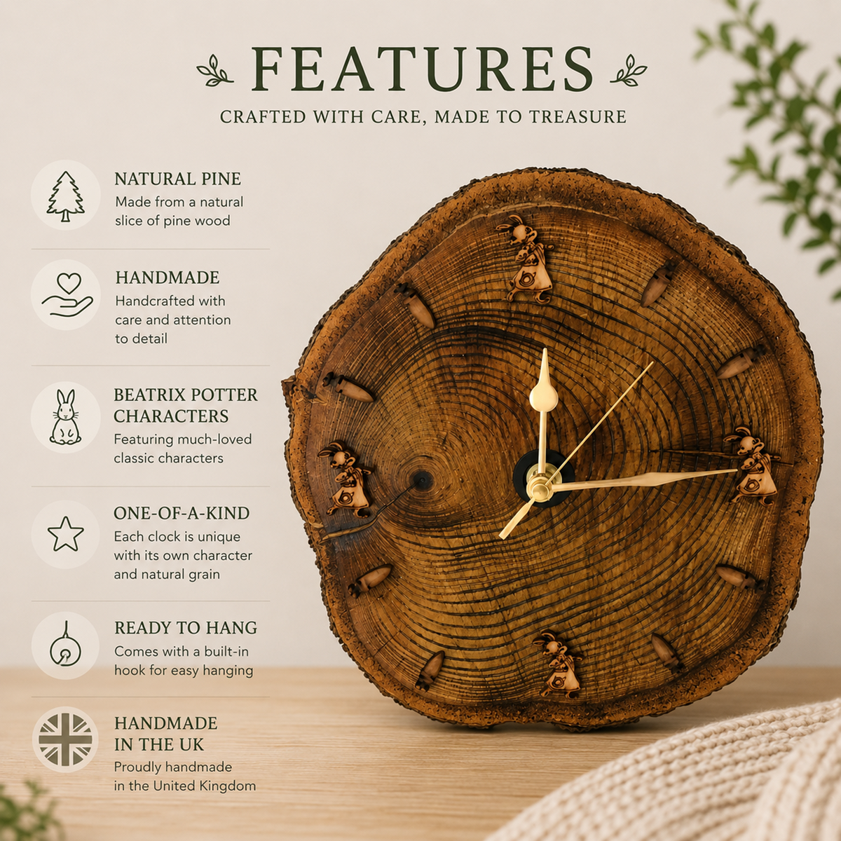Handmade Beatrix Potter Wooden Log Clock – Peter Rabbit Nursery Wall Clock