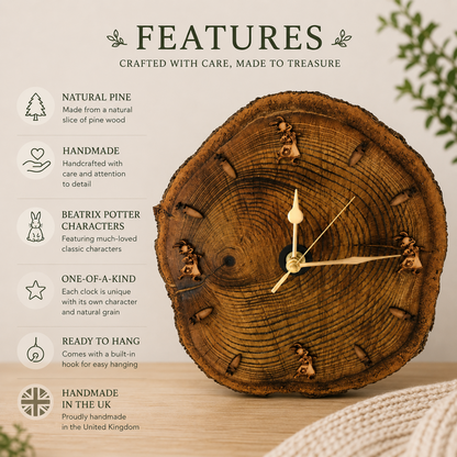 Handmade Beatrix Potter Wooden Log Clock – Peter Rabbit Nursery Wall Clock