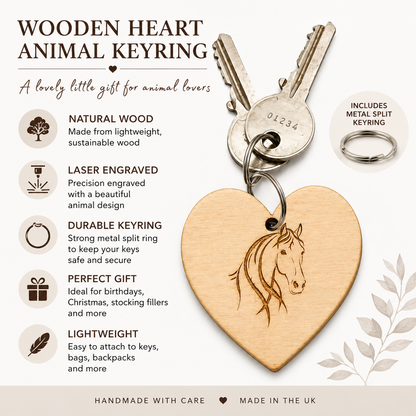 Handmade Wooden Heart Animal Keyring – Choose Your Design