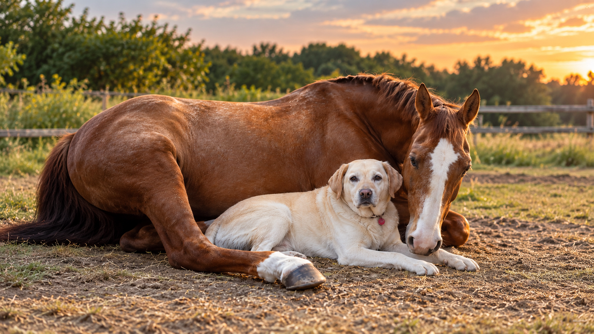 A brown horse and a cream-colored Labrador retriever lying together on dry grass in an outdoor paddock at sunset, with trees and a fence in the background.
