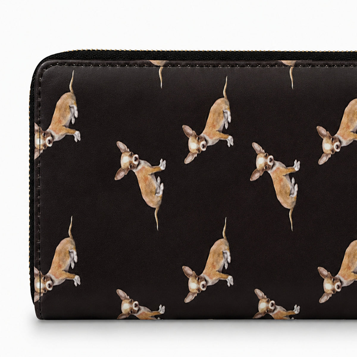 A black zip-around wallet featuring a repeating pattern of small brown and white Chihuahua dogs in a playful pose, shown against a plain white background.