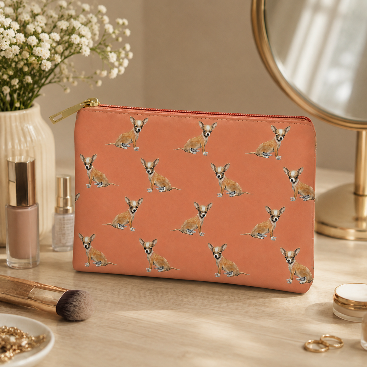 A pink zippered pouch decorated with a repeating pattern of small brown and white Chihuahua dogs, styled on a wooden desk with cosmetics, a vase of flowers, and a mirror.