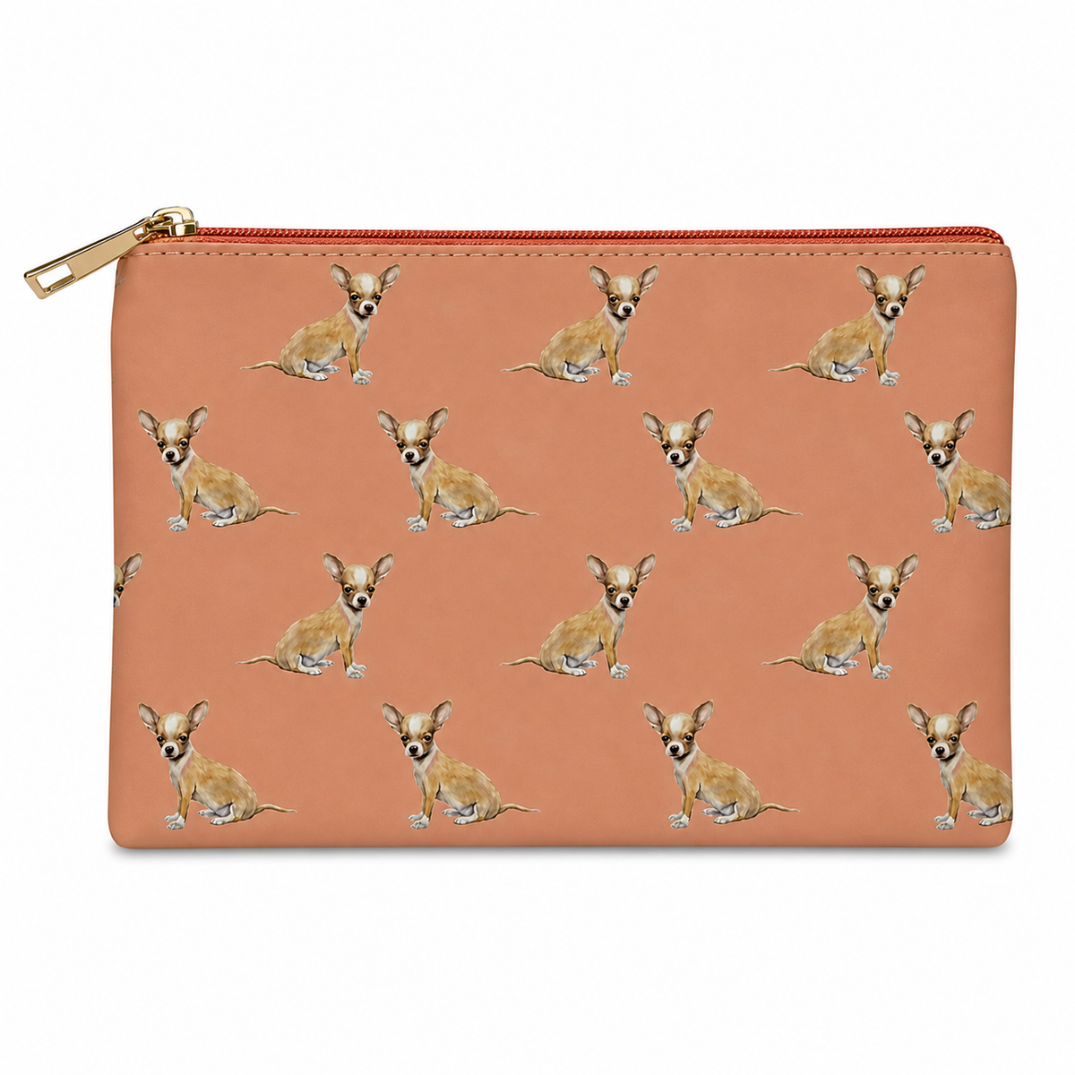 A rectangular zip pouch in a warm pink colour, featuring an all-over repeating pattern of small tan and white Chihuahua dog illustrations. The pouch has a gold-tone zipper pull and is photographed flat against a solid white background.