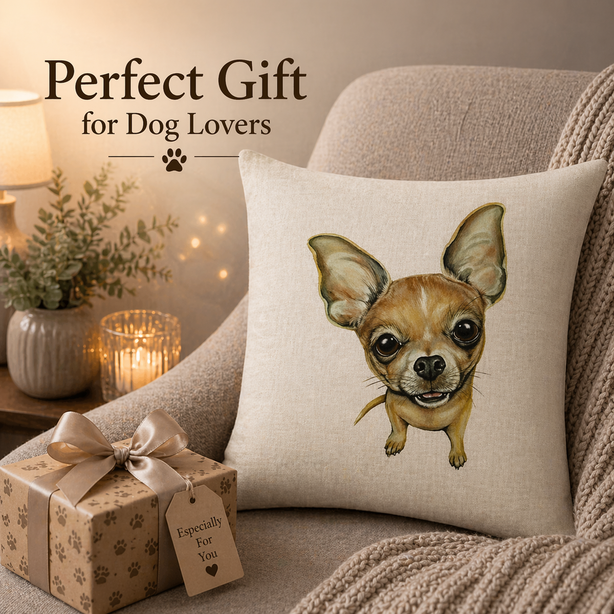 A beige cushion cover with a printed illustration of a chihuahua dog, styled on a cosy armchair next to a wrapped gift box with a paw-print pattern and the text 'Perfect Gift for Dog Lovers'.