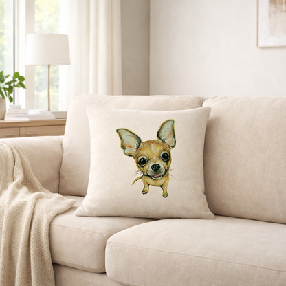 A square beige cushion cover featuring a printed illustration of a Chihuahua dog, styled on a light beige fabric sofa in a bright, modern living room.