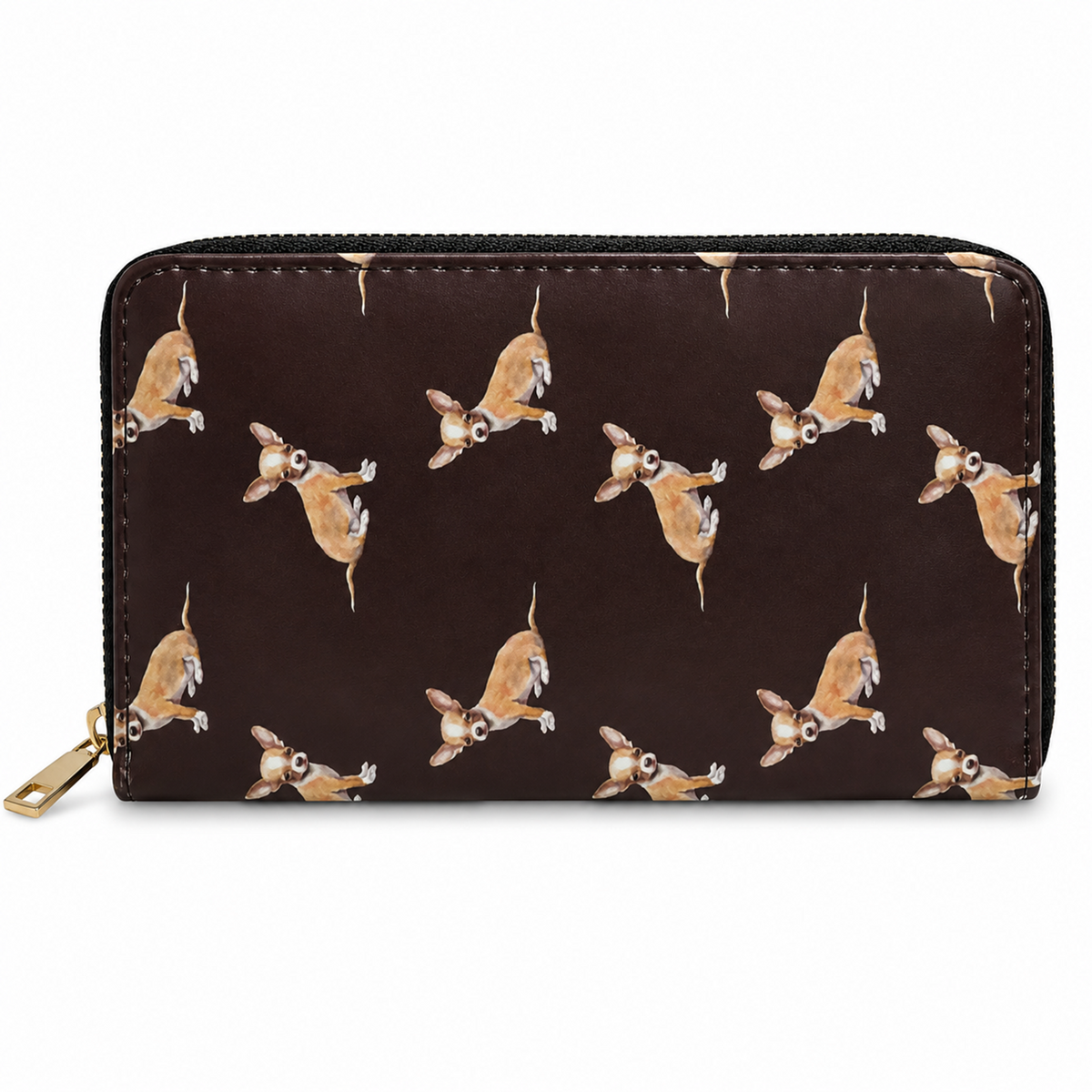A black zip-around wallet with an all over print of Chihuahua dogs in tan, brown, and white, shown on a plain white background.